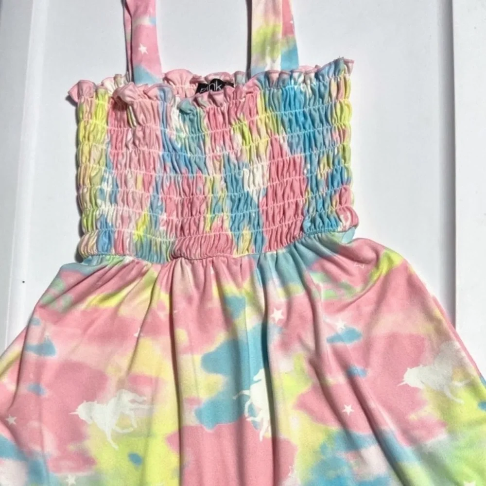 Kids Girls Size XS 4/5 Maxi Dress Set Of 2 Tie Dye Unicorn & Blue Flowers NEW